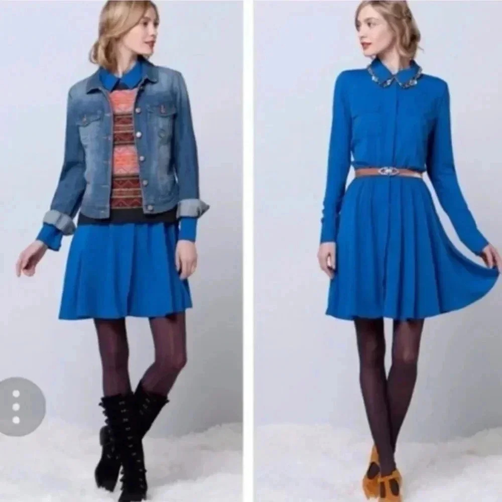 Maeve Bright Blue Long Sleeve Pleated Dress